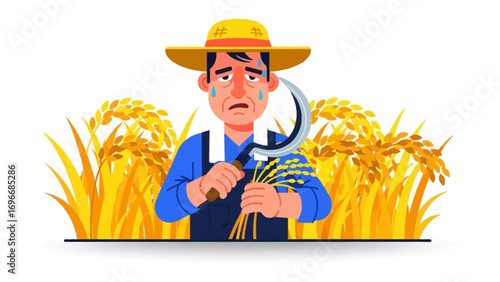 Farmer's Sorrow: Depiction of a dejected farmer amidst the harvest. A farmer is burdened with worry, clutching a scythe and a sheaf of ripe crops.