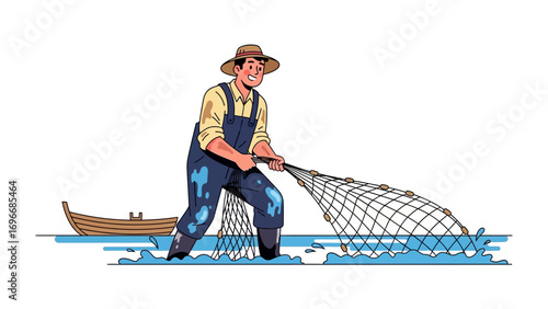 Fishing Harvest: The industrious fisherman, positioned in a marine environment, expertly casts his net, a testament to dedicated labor, capturing an illustration of traditional occupation.