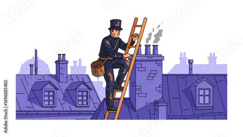 Chimney Sweep Climbing Ladder: A chimney sweep, depicted with his iconic attire and tools, ascends a wooden ladder, navigating the rooftops of a historic city to perform his essential duties.
