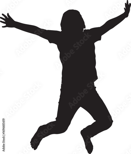 Silhouette of a young person jumping with joy and arms outstretched on white background