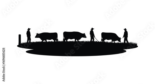 farmers herding cattle in field silhouette