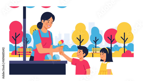 Park Ice Cream Treat: A cheerful vendor serves up a colorful ice cream cone to an eager customer. The setting is a vibrant park, evoking a sense of warmth and happiness. 