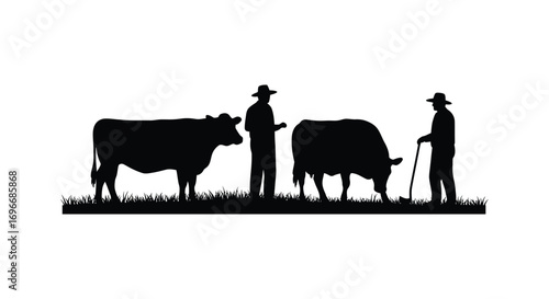 farmers standing beside cows in field silhouette