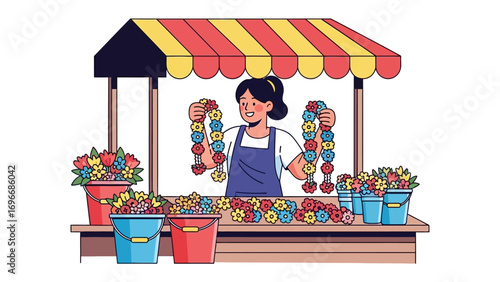 Flower Vendor's Stall: Capturing the essence of a vibrant flower stall with a cheerful vendor, surrounded by colorful bouquets and garlands, showcasing the beauty of blooms.