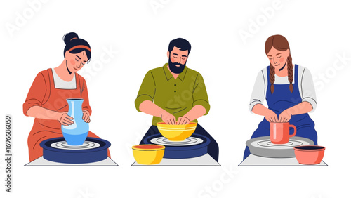 Pottery Creation: Three individuals, each focused on shaping clay on pottery wheels. The scene showcases the artistry and dedication involved in the craft of pottery.