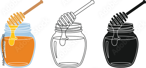 Sweet golden honey dripping from a wooden dipper into a glass jar