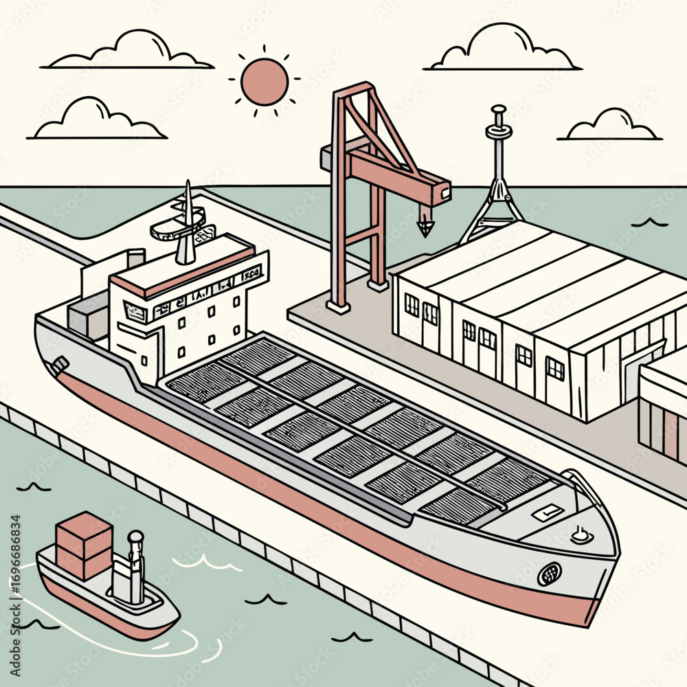 Naklejka premium Cargo ship docked at a port with a crane loading containers onto the vessel under a sunny sky