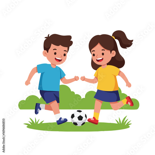 Cheerful boy and girl happily playing soccer in a park, a vibrant 2D flat vector illustration of one child dribbling the ball while the other runs alongside on a clean white background.