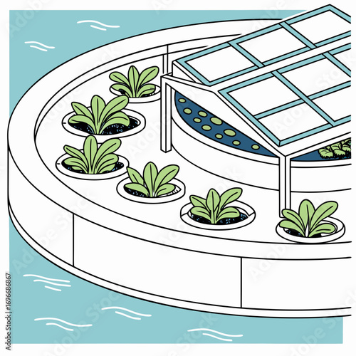 Circular floating farm with rows of green plants growing in circular pods on the water surface