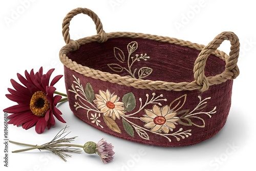 Decorative oval woven basket with floral embroidery and rope handles