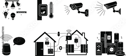 Smart home icons, automation, smart lighting, thermostat, security camera, voice assistant, home automation network, smart appliances, connected devices, IoT technology