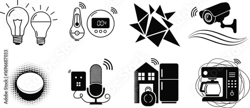 Smart home icons, automation devices, smart lighting, thermostat, security camera, voice assistant, smart appliances, home network, connected technology, IoT system