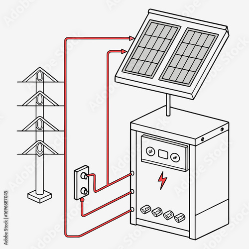 Diagram illustrating the connection of a solar panel system to a power distribution box with electrical outlets