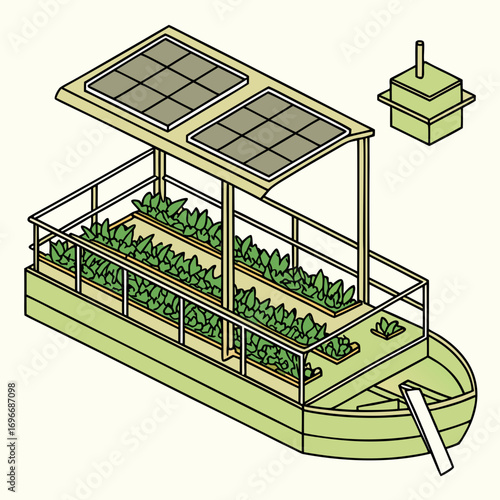 Floating hydroponic farm with solar panels on a boat cultivating green leafy vegetables for sustainable agriculture