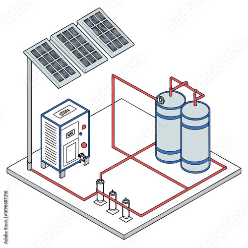 Illustration of a solar powered water purification system with storage tanks and filtration units