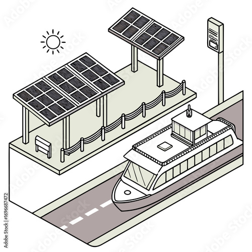 Isometric illustration of a solar powered ferry docking at a station with solar panels and a waiting bench