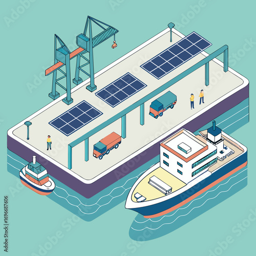 Isometric view of a modern port with solar panels cranes trucks and ships representing logistics and renewable energy