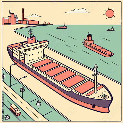 Large cargo ship sailing in a calm sea near industrial buildings and a sunny sky