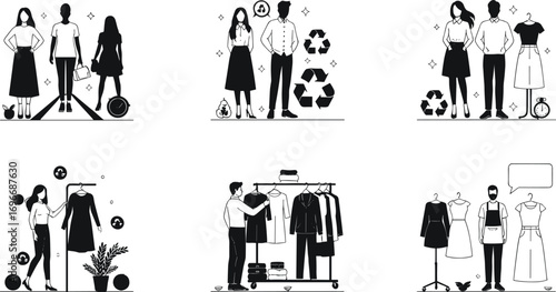 Sustainable fashion vector, eco‑friendly clothing, recycling concept, fashion design, wardrobe management, garment care, fashion workshop, clothing retail, style choice, ethical apparel