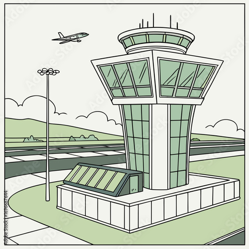 Modern airport control tower with airplane taking off in the distance and runway landscape