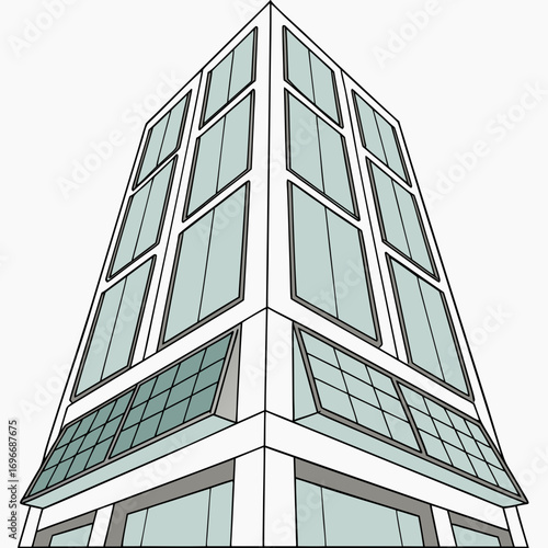 Modern architectural drawing of a sleek white skyscraper with large glass windows viewed from below