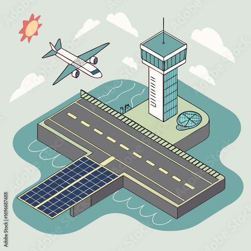 Modern airport with runway control tower airplane and solar panels on water under sun and clouds