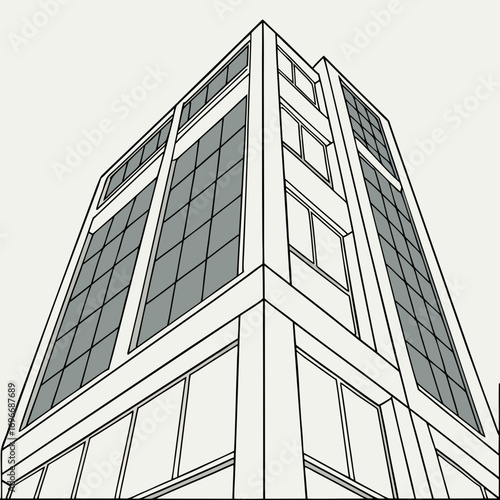 Modern architectural building with large windows viewed from a low angle against a neutral background