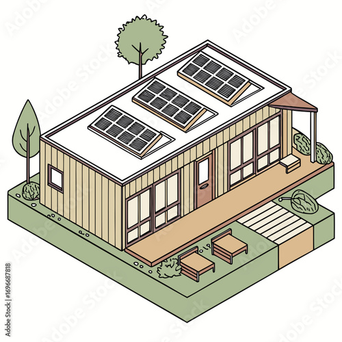 Modern eco friendly house with solar panels on the roof and outdoor seating area in a green landscape