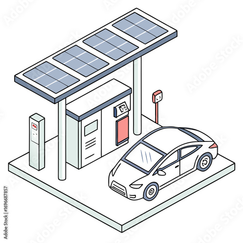Modern electric car charging at a solar powered station with a clean isometric illustration style