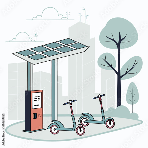 Modern electric scooters charging at a solar powered station in a city park with trees and buildings