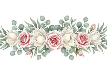 Watercolor floral border with pink and white roses and eucalyptus leaves, isolated on white background