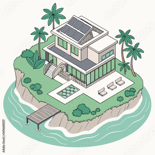 Modern luxury villa with solar panels and swimming pool on a tropical island with palm trees and a dock