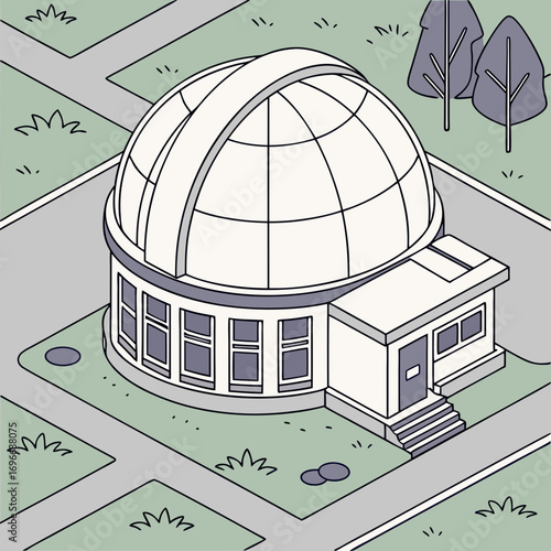 Modern observatory building with a large dome and attached structure set in a stylized landscape with trees and pathways