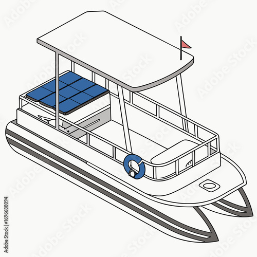 Modern pontoon boat with solar panels and canopy for recreational water activities and travel