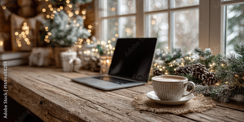 Obraz premium Wooden home workplace with laptop, cappuccino, christmas decoration, cozy blanket, knitted plaid, pillows, christmas lights enjoying winter holidays