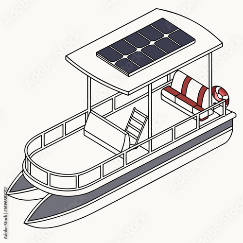 Modern solar powered pontoon boat with comfortable seating and a ladder for water access on a clean white background