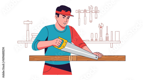 Craftsman at Work: A skilled craftsman diligently employs a handsaw on a wooden beam. The scene emanates a sense of artisanal mastery.