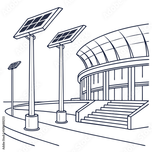 Modern stadium architecture with solar panels providing clean energy for sustainable lighting and power