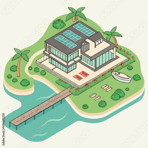 Modern solar powered villa with a private dock and boat on a tropical island paradise