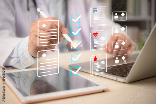 EHR, checklist Doctor taps tablet beside laptop to review medical records and patient data privacy, ticking tasks across history, lab results, and profiles. concept secure digital workflow.