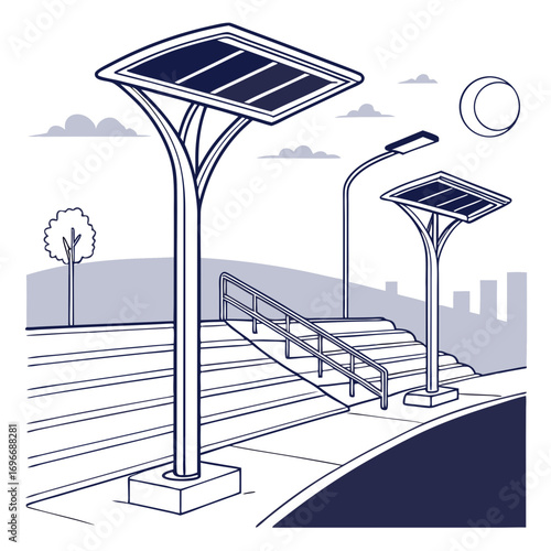 Modern streetlights with solar panels illuminate a pedestrian walkway and stairs at dusk with city skyline in background