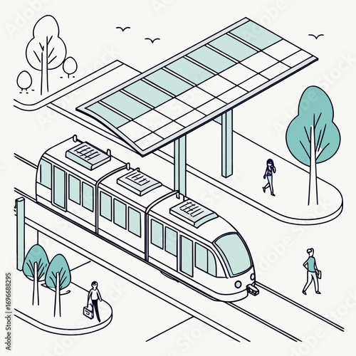 Modern tram arriving at a station with passengers walking on the platform in an isometric line art style