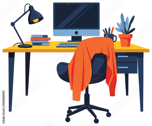 Office vector illustration of a modern workspace with desk computer chair lamp books and plant in flat minimal style perfect for business education home office and productivity design themes