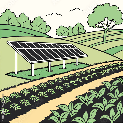 Solar panels providing clean energy for a lush green farm with rows of growing crops and rolling hills