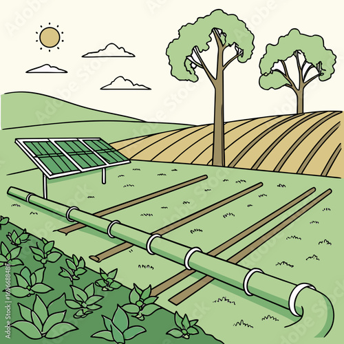 Sustainable agriculture with solar powered irrigation system and growing crops in a rural landscape