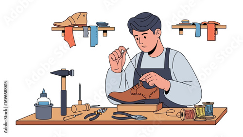 Artisan Craftsman at Work: A skilled artisan, meticulously stitching a shoe with focus and precision. The scene captures the beauty of handcrafted leather goods, revealing the artisan's passion.