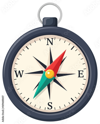 Compass vector illustration of a navigation tool with directional needle and markings in flat minimal style perfect for travel exploration adventure outdoor orientation and geography design projects