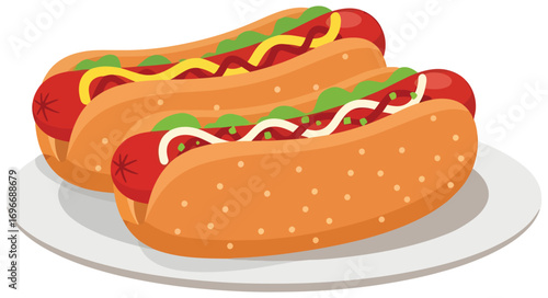 Hot dog vector illustration of two sandwiches with sausage lettuce tomato and sauces on a plate in flat minimal style perfect for food fast meal snack lunch picnic and culinary design projects