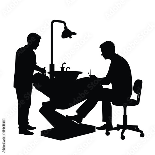 Dentist and patient silhouette in dental chair with equipment Keywords: dentist, dental, patient