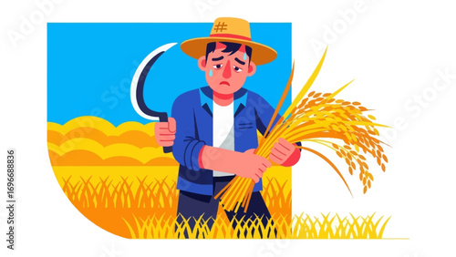 Crying Farmer in the Wheat Field: An emotional illustration showcases a farmer standing amidst his golden wheat field, tears flowing down his face, clutching a bundle of wheat and a sickle.